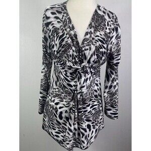 BOSTON PROPER Y2K Leopard Print Sexy V Neck Top Size S Ruched Fitted Gemma SOA
